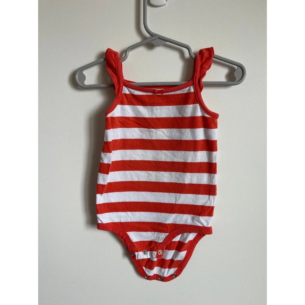 Carters Baby Girl Red White Striped Ruffle Strap Bodysuit 12 Months